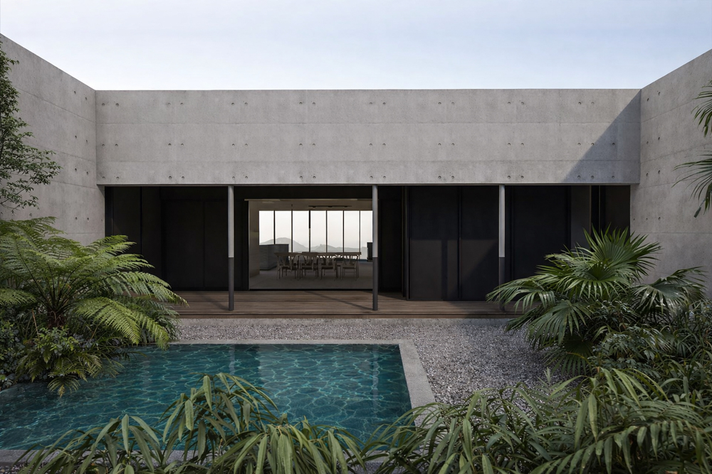 single-level house and pool on a<br />
steep piece of land