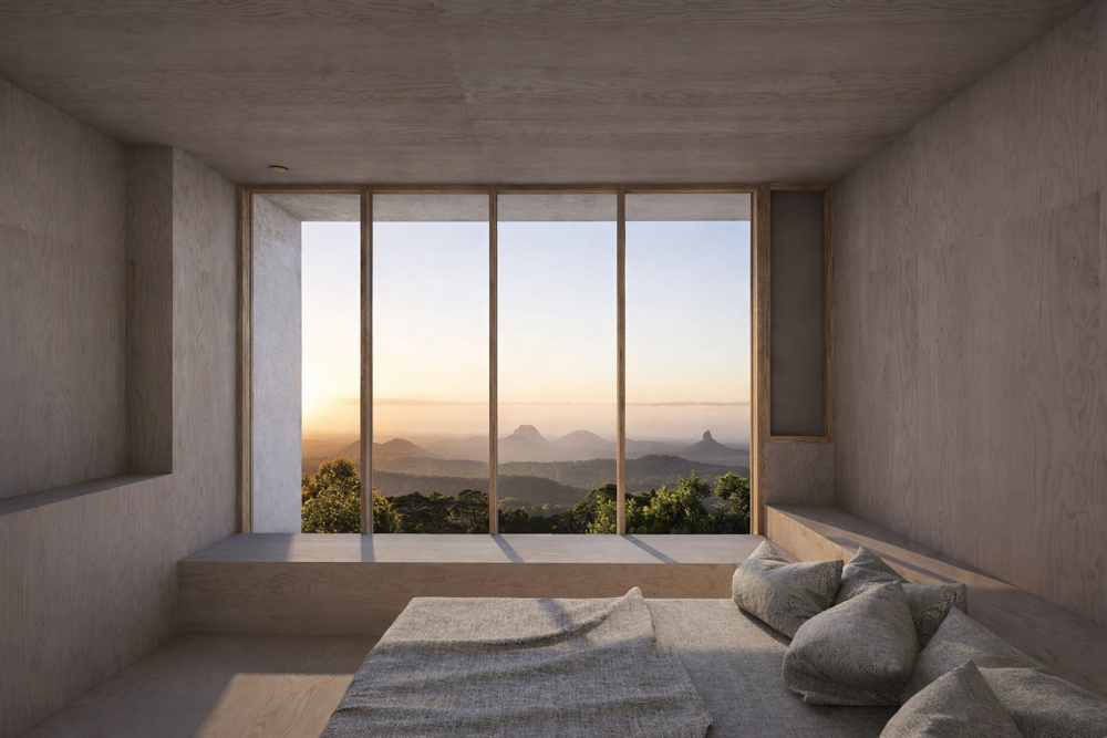 Our solution was to cantilever the house out<br />
over the steep slope, so it felt like you were<br />
floating above the landscape.