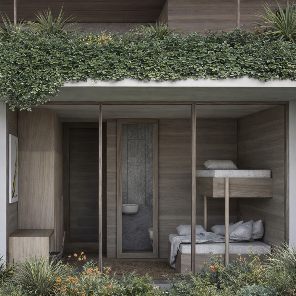 To manage the steep slope, we designed<br />
a series of terraced gardens and outdoor<br />
entertaining areas that step down from the inside.