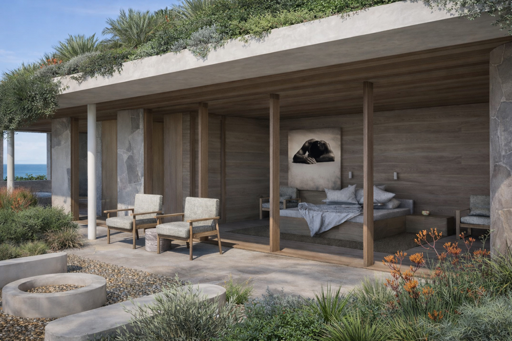 We designed the living areas and main<br />
bedroom to look out over the garden to the ocean.