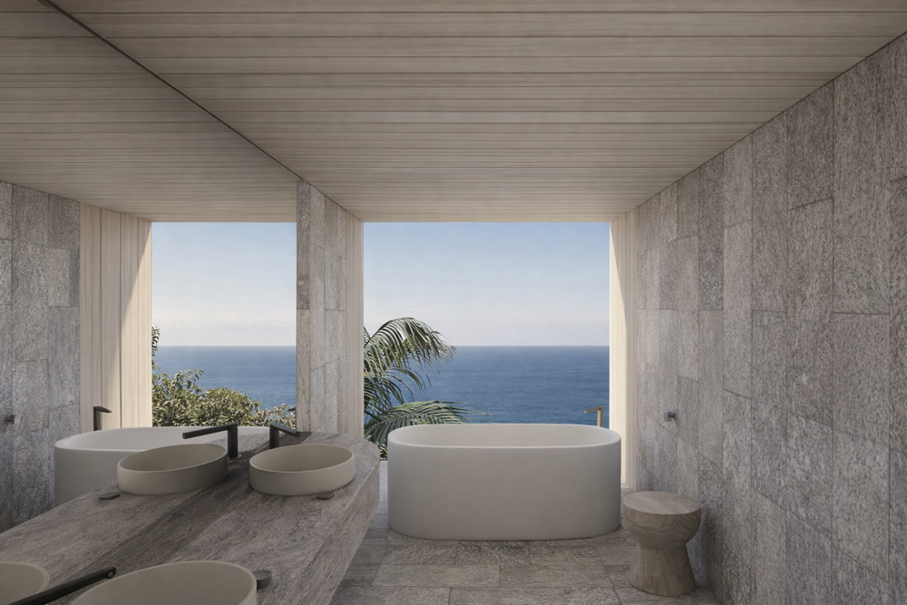 To manage the steep slope, we designed<br />
a series of terraced gardens and outdoor<br />
entertaining areas that step down from the inside.